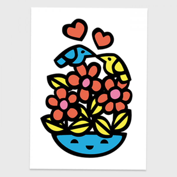postkaart illustratie vrolijk vrolijke kaart kaarten kinderen post kleur vogeltjes plantje vogels vogel bloemen hartjes valentijn